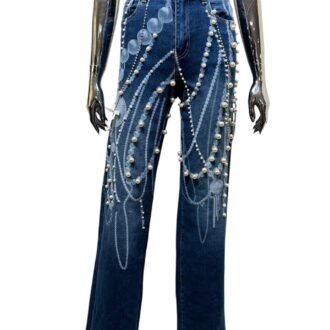 Jeans de Mezclilla Azul con Adornos de Perlas y Abalorios