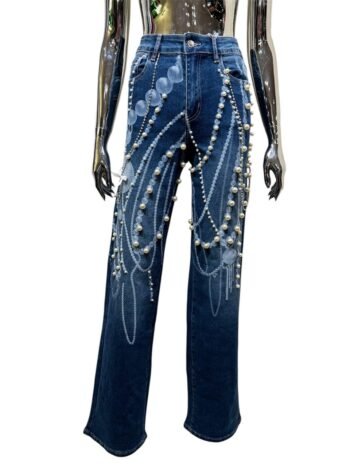 mar_00017 Jeans de Mezclilla Azul con Adornos de Perlas y Abalorios